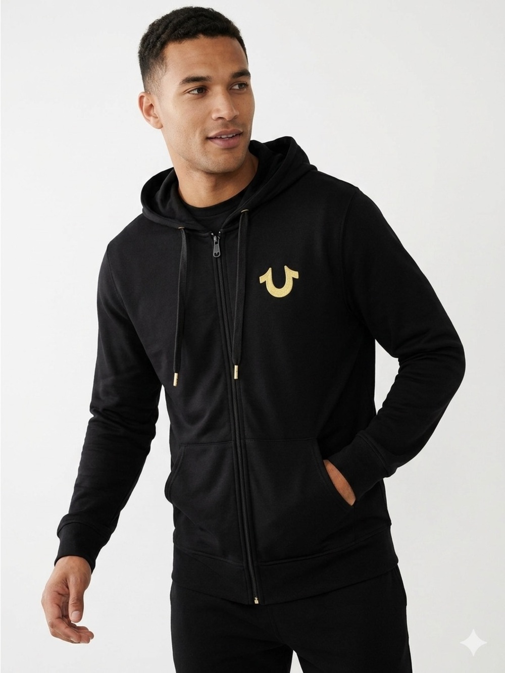 True Religion Men's Double Puff Gold Horseshoe Metallic Logo Full-Zip Hoodie L